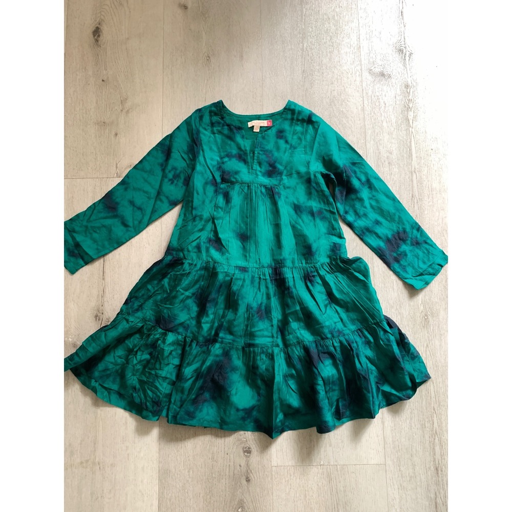 Pink Chicken Girls Green Blue Tie Dye Silk Cotton Tiered Long Sleeve Dress‎ 7y